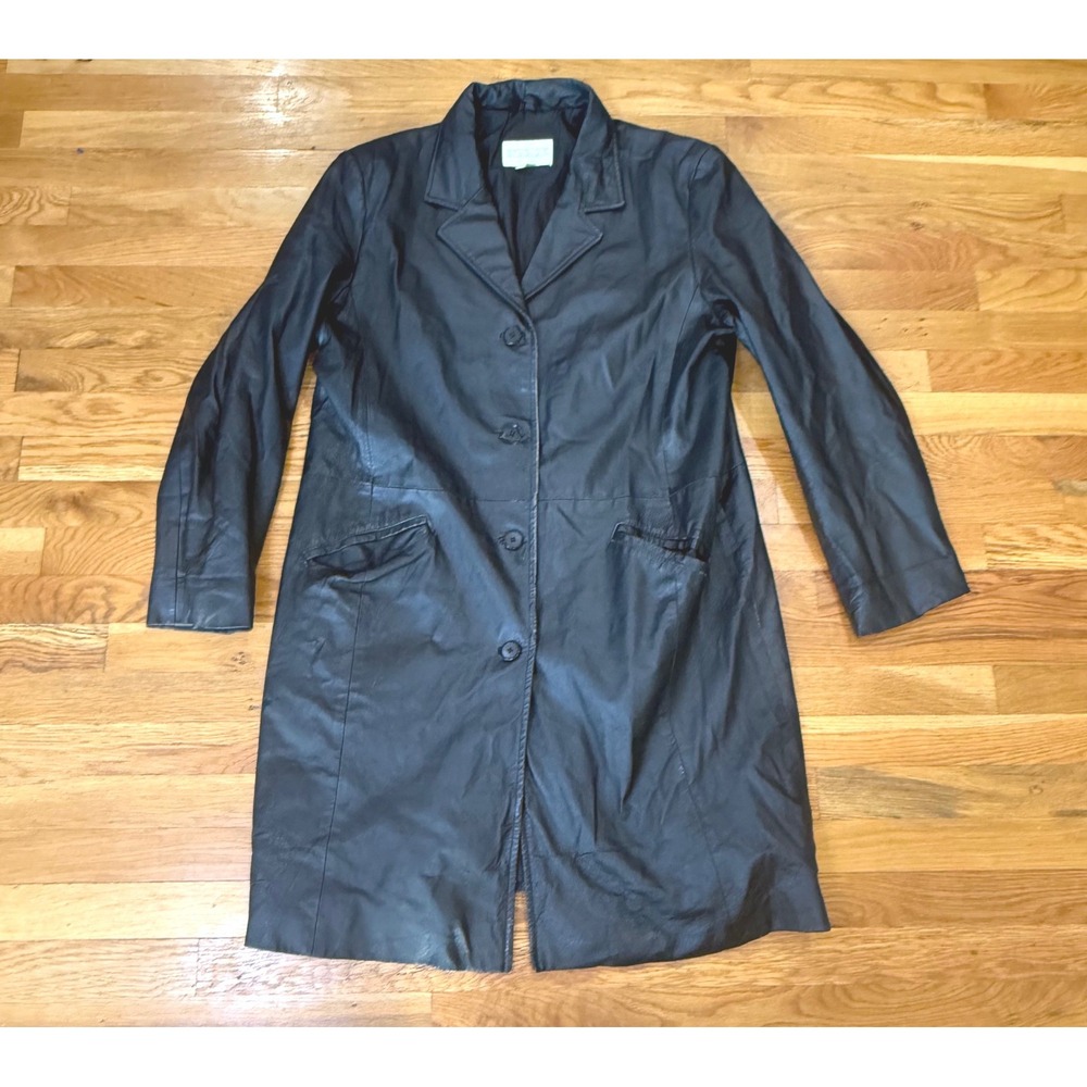 Studio C Black Genuine Leather Trench Coat Womens XL Long Button Front Car Coat‎